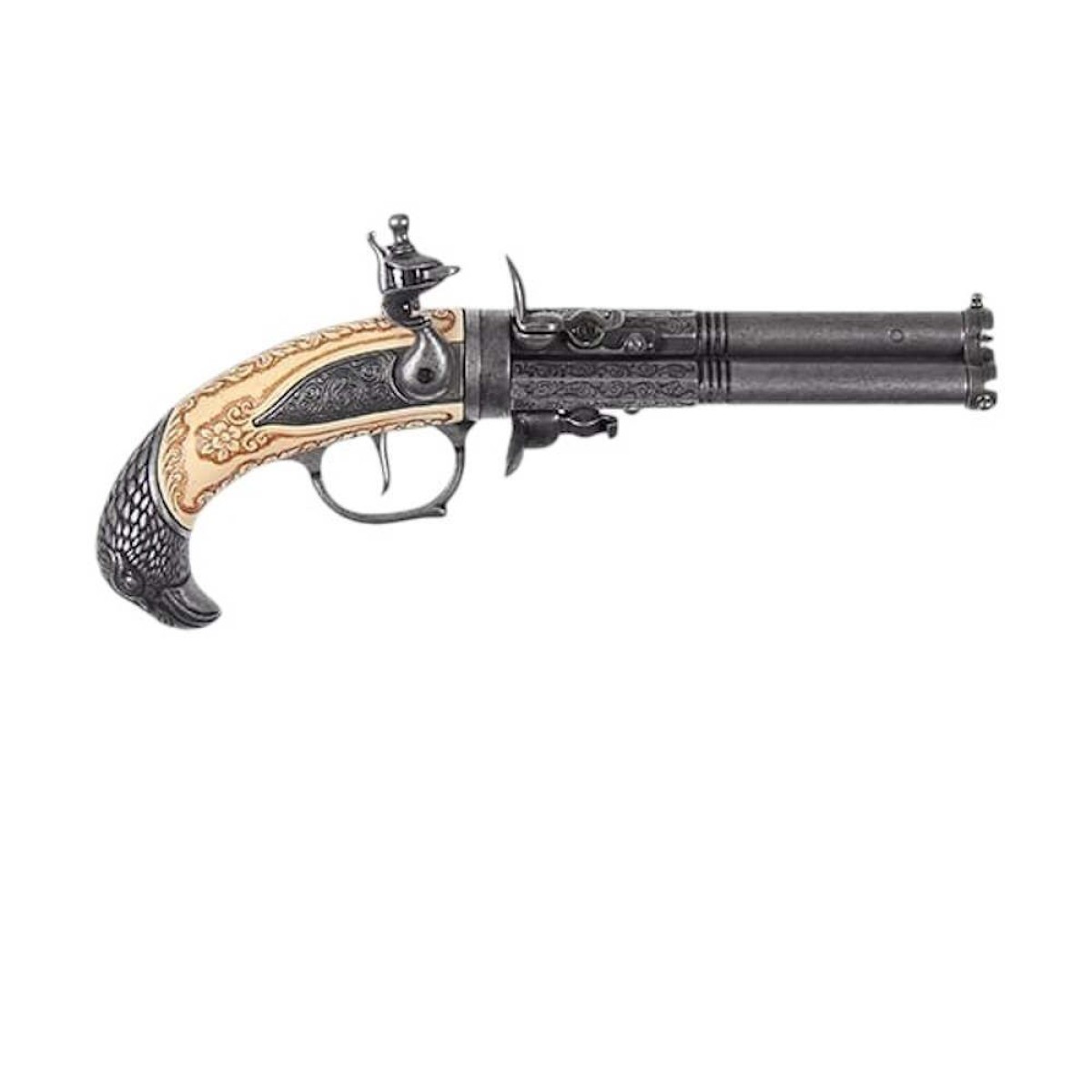 Pistola a pietra focaia a 3 canne girevoli