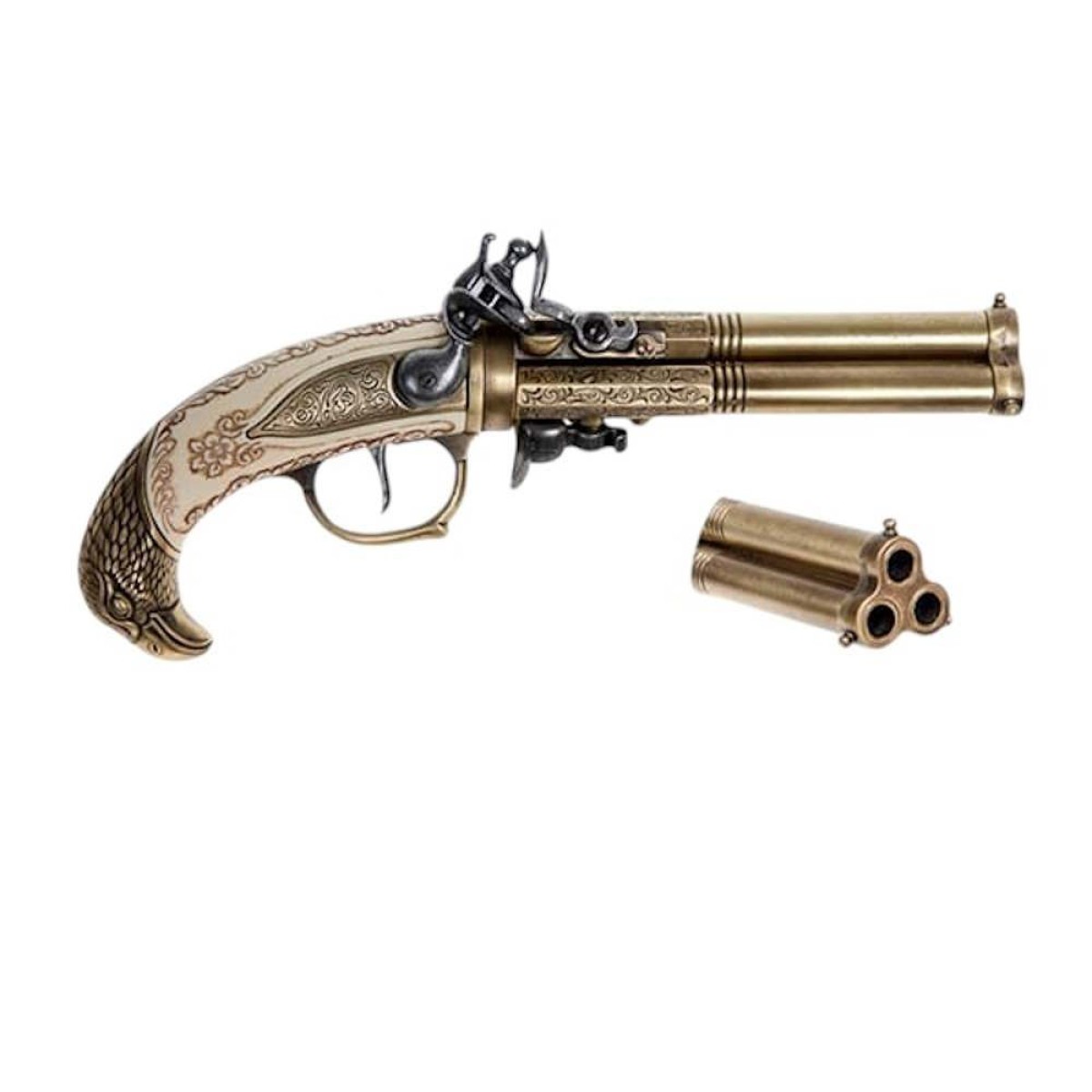 Pistola a pietra focaia a 3 canne girevoli